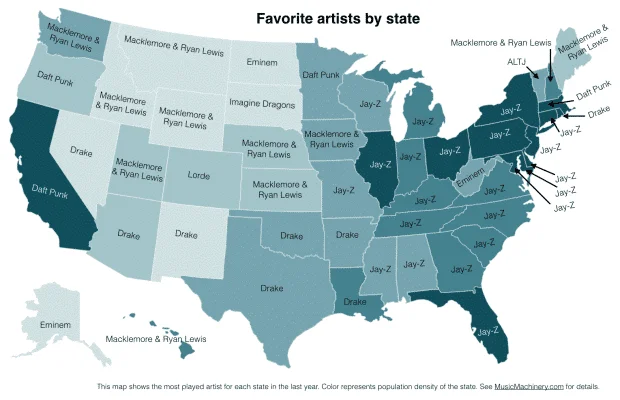 This is a sample of favorite music artist by state showing as report graphs
