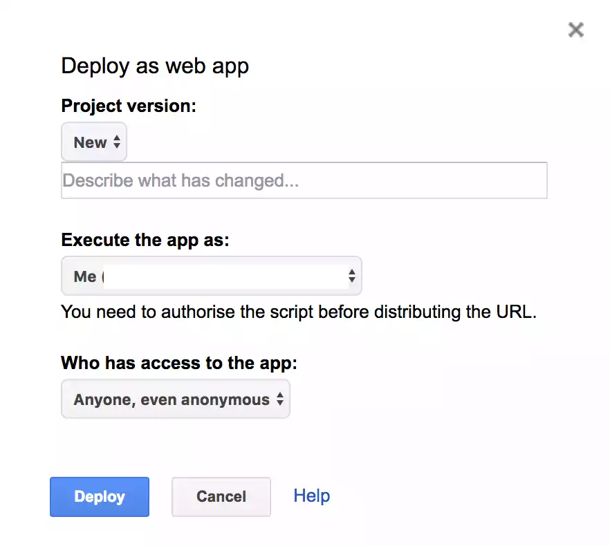 Deploy web app form screenshot